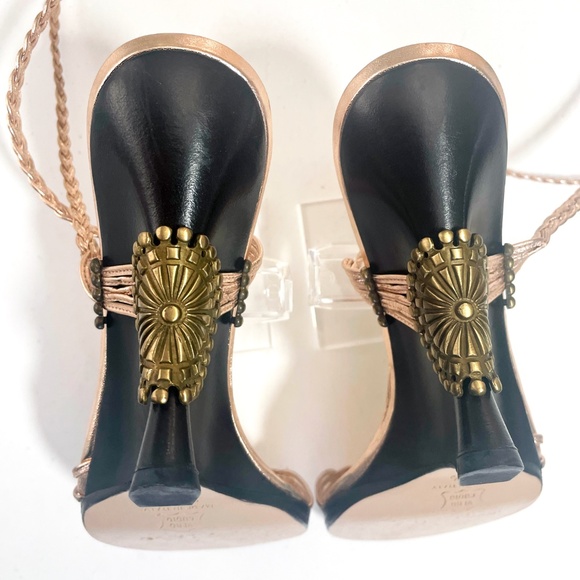 JIMMY CHOO: Rose-gold 'Geisha' braided leather, ankle-wrap wedge. Size 37/37.5. - Picture 7 of 11